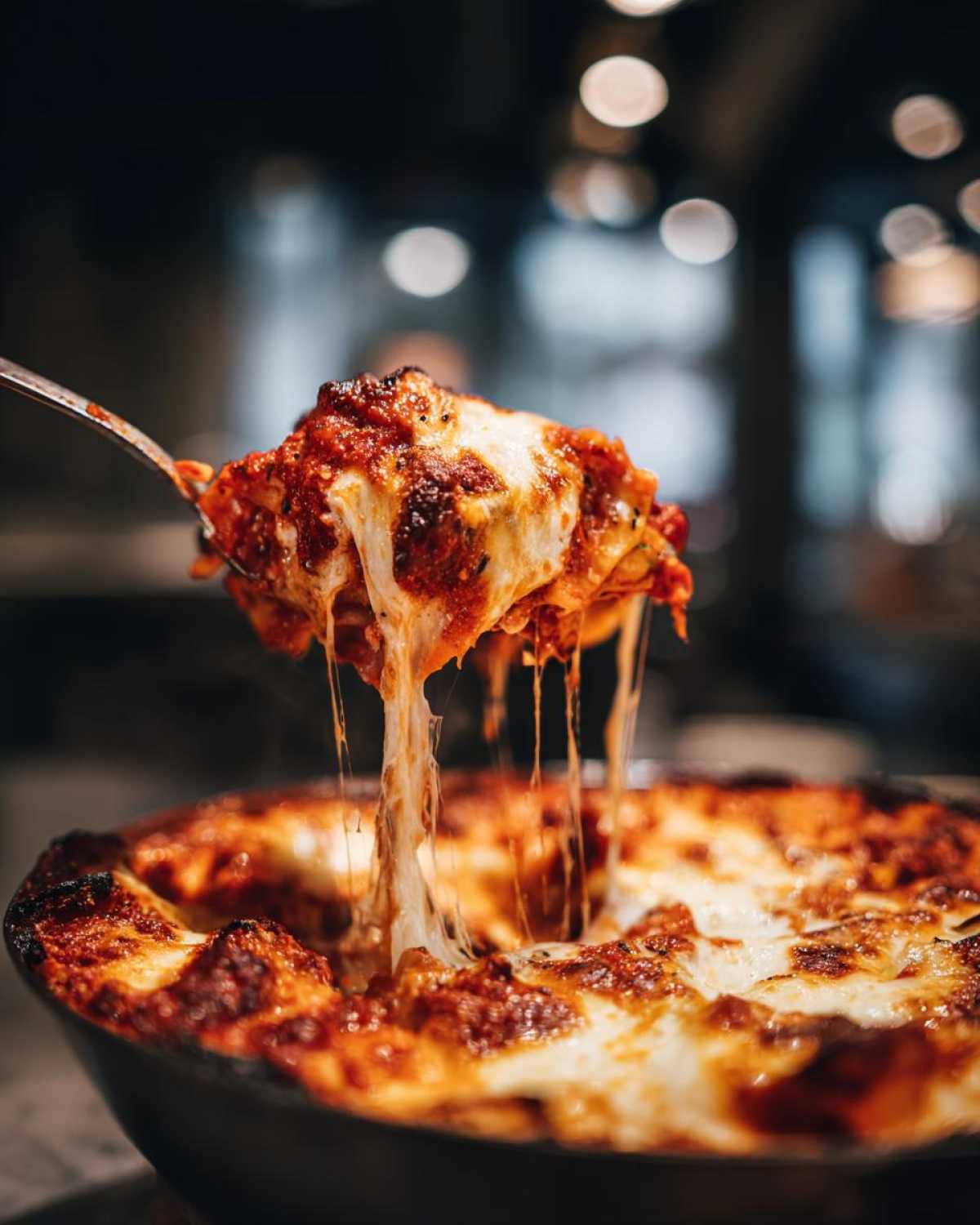 A spoonful of cheesy, saucy skillet lasagna being lifted, showing long cheese pulls over the rest of the dish.