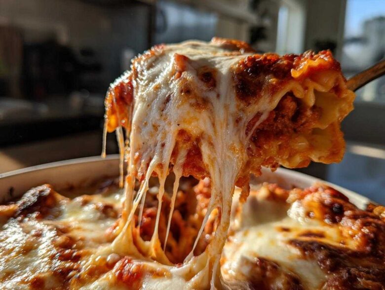 A serving of skillet lasagna is lifted, showing long, melted cheese strings stretching from the pan.