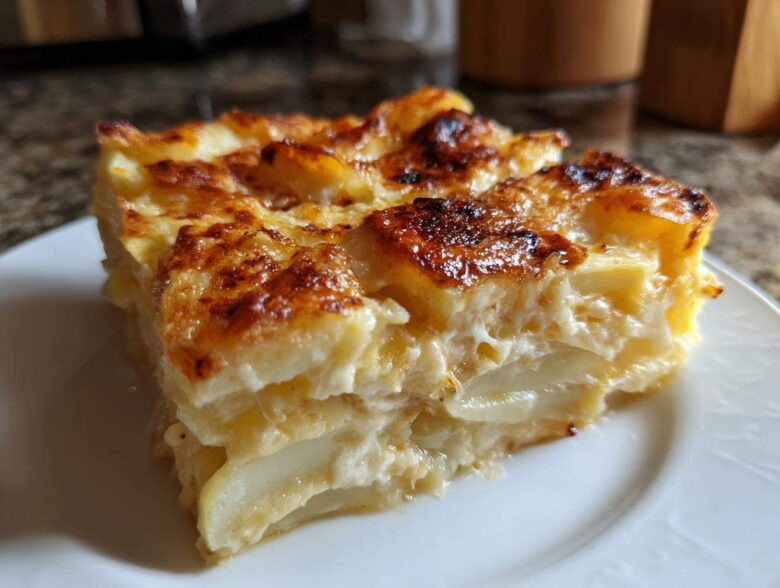 A close-up of a thick, cheesy slice of scalloped potatoes with a golden-brown, bubbly top crust.