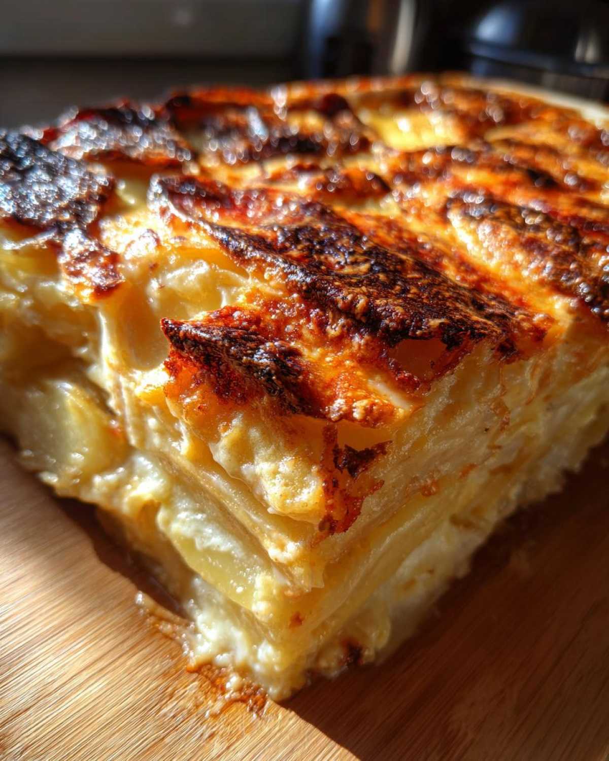 Close-up of a rich, cheesy slice of scalloped potatoes with a deeply browned, crispy top layer.