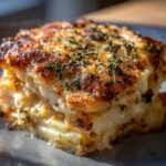 Close-up of a rich, cheesy slice of scalloped potatoes topped with fresh thyme.