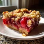 Close-up of a square slice of cherry dump cake with a crumbly topping and bright red cherry filling.