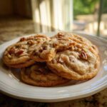 A stack of freshly baked, chewy butter pecan cookies topped with chopped pecans and sea salt on a white plate.