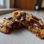 Two halves of a freshly baked, chewy chocolate chip cookie showing a gooey, melted chocolate center.