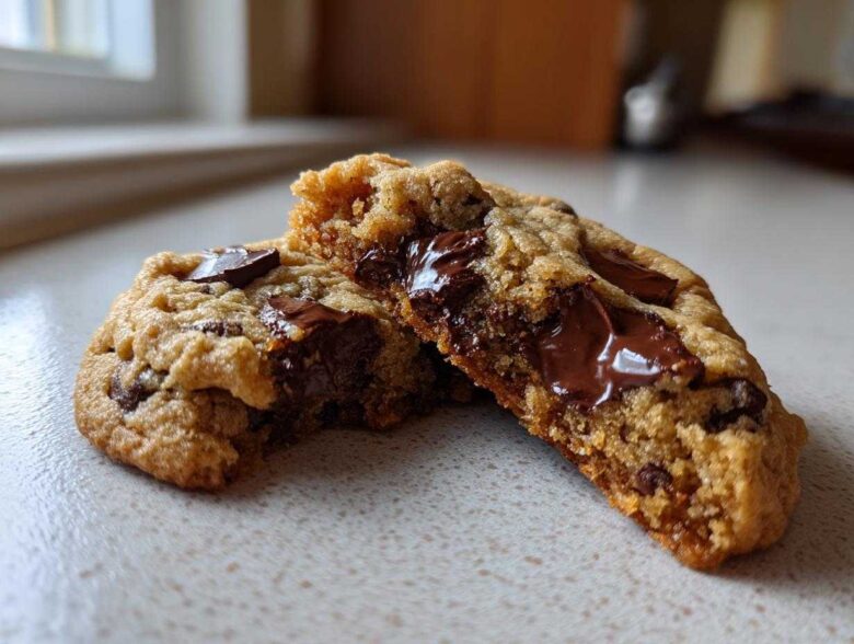 Two halves of a freshly baked, chewy chocolate chip cookie showing a gooey, melted chocolate center.