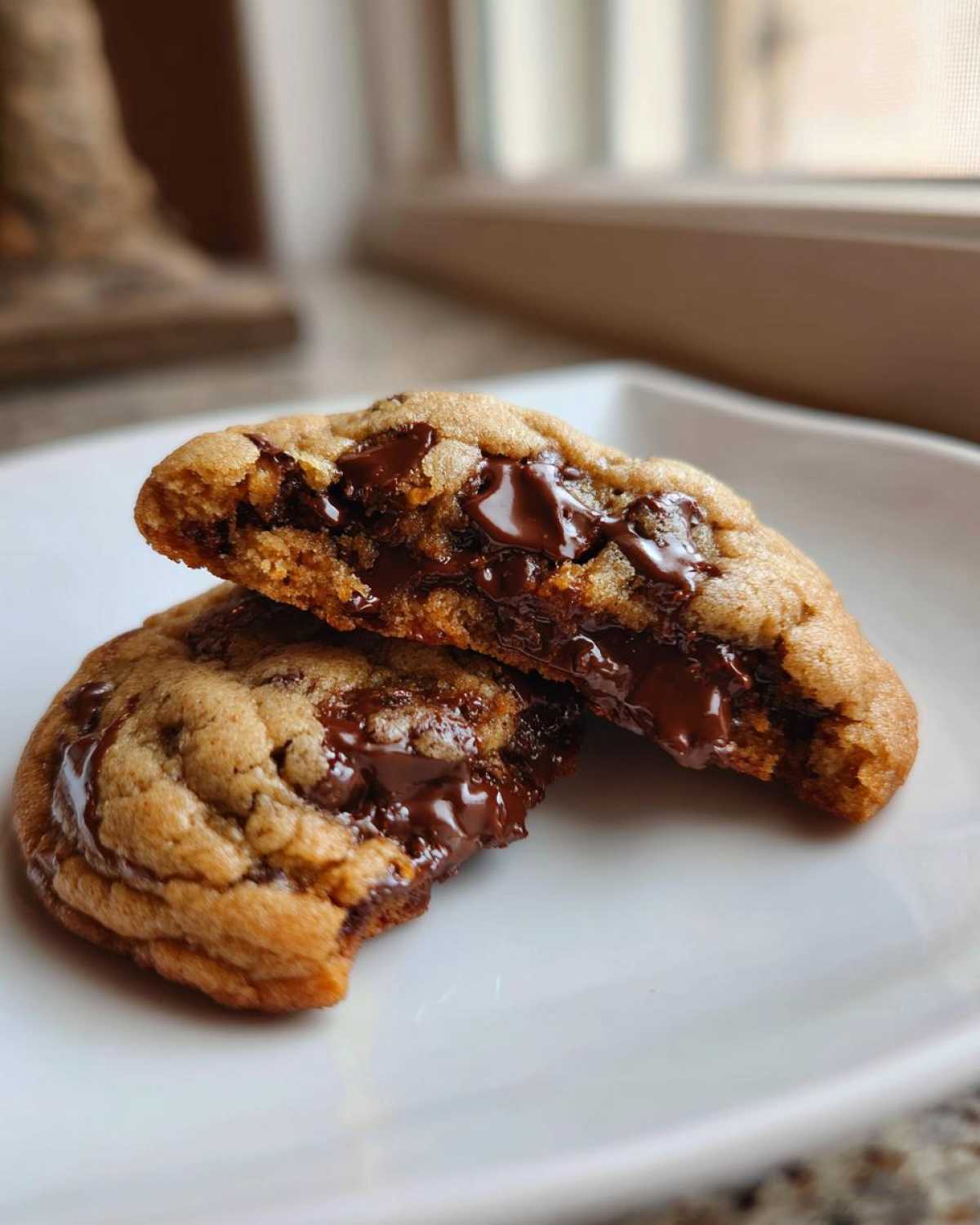 Close-up of a chewy chocolate chip cookie broken in half, showing gooey, melted chocolate chips inside.