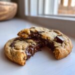 A close-up of chewy chocolate chip cookies broken in half, revealing a gooey, melted chocolate center.