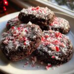 A close-up of chewy chocolate peppermint cookies dusted with powdered sugar and crushed candy canes.