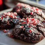 Three chewy chocolate peppermint cookies dusted with powdered sugar and topped with crushed candy canes.