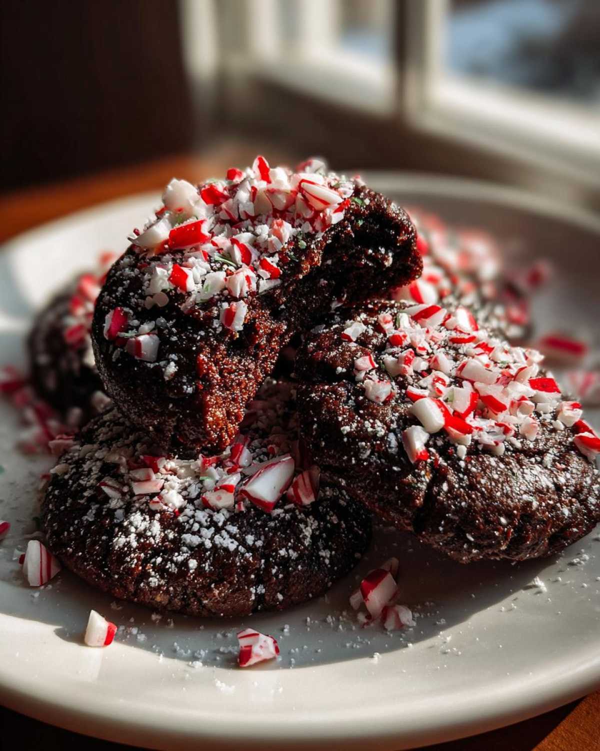 Close-up of chewy chocolate peppermint cookies topped with crushed candy canes and powdered sugar.