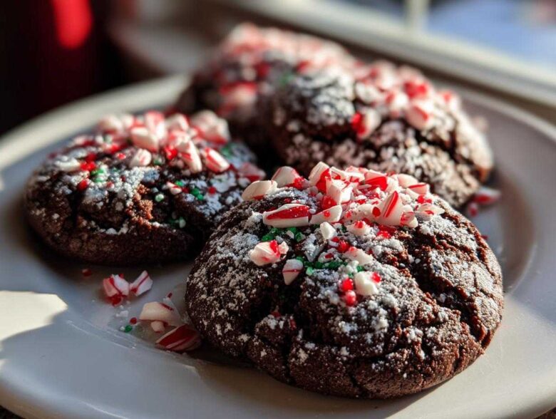 Three chewy chocolate peppermint cookies dusted with powdered sugar and topped with crushed candy canes.