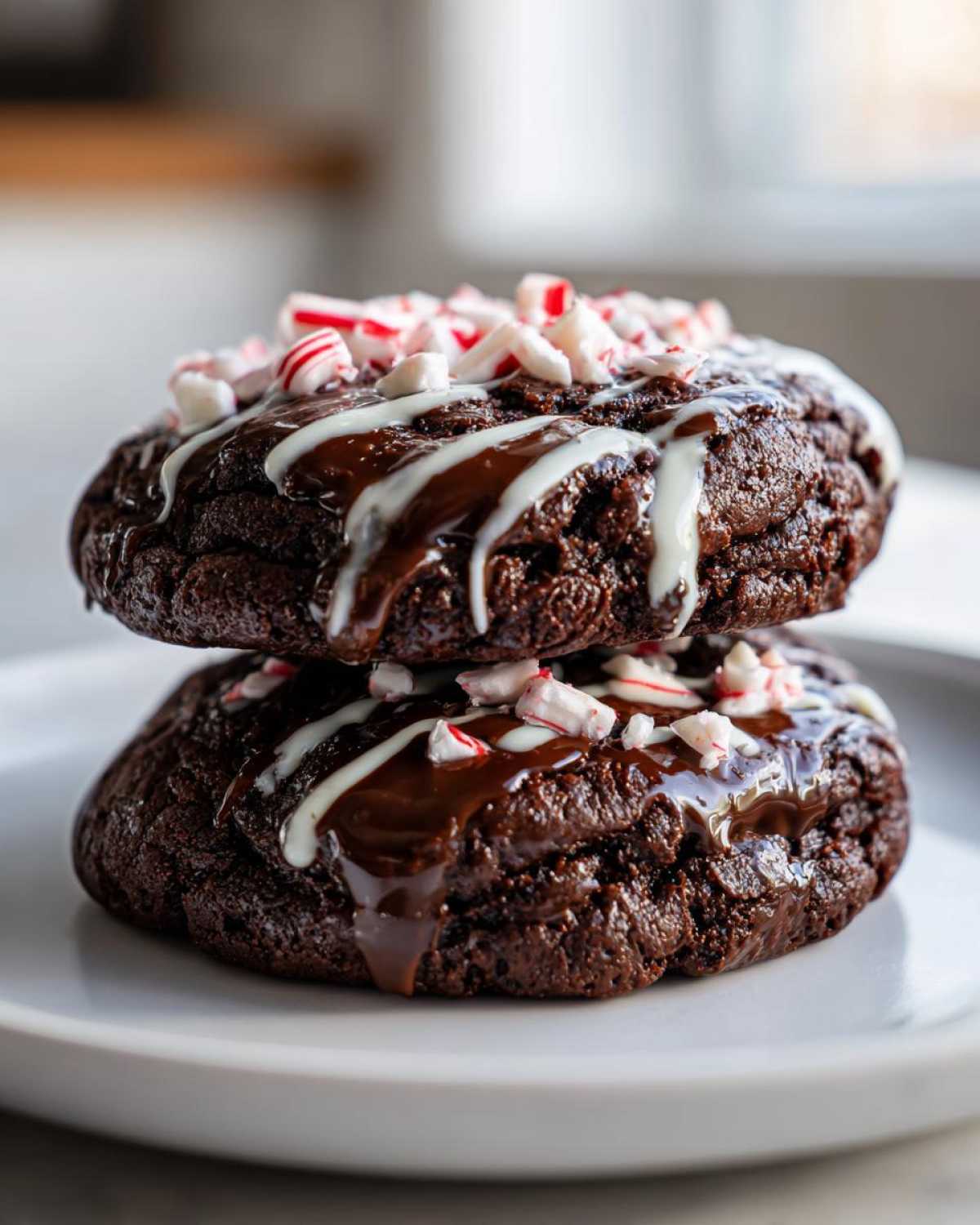 Two chewy double chocolate peppermint cookies stacked, drizzled with white chocolate and topped with crushed candy canes.