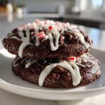 Two chewy double chocolate peppermint cookies stacked, drizzled with white icing and topped with crushed candy canes.