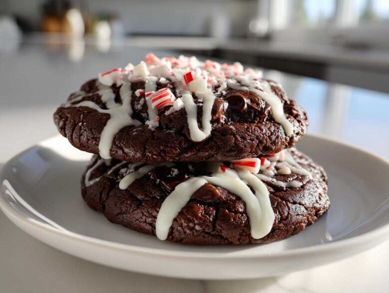 Two chewy double chocolate peppermint cookies stacked, drizzled with white icing and topped with crushed candy canes.