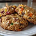 Three chewy fruitcake cookies loaded with candied fruit and pecans stacked on a white plate.