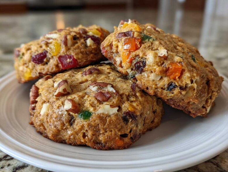Three chewy fruitcake cookies loaded with candied fruit and pecans stacked on a white plate.