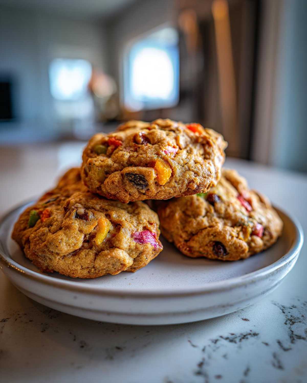 A close-up stack of three chewy fruitcake cookies loaded with colorful candied fruit pieces.