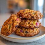 A close-up stack of four chewy fruitcake cookies loaded with colorful candied fruit pieces.