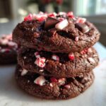 A stack of three rich, dark chocolate peppermint chocolate chip cookies topped with crushed candy canes.