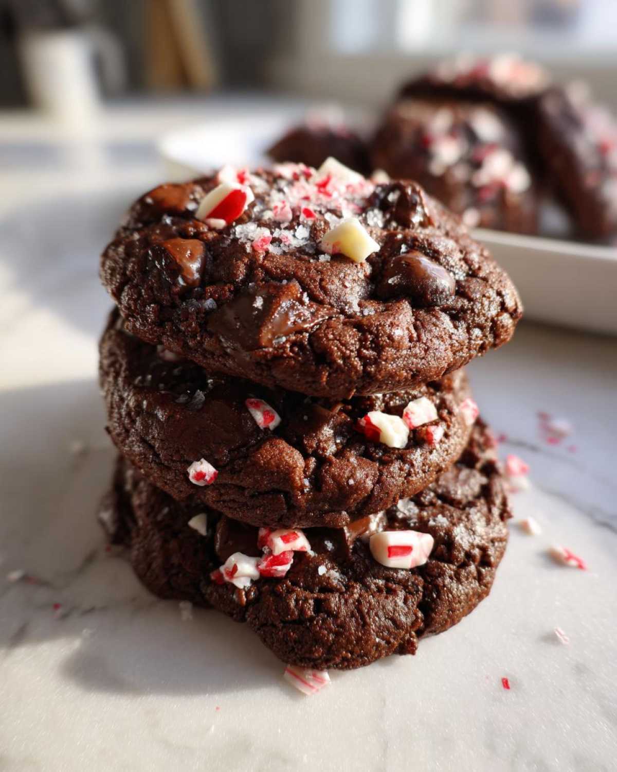 A stack of three rich, dark chocolate peppermint chocolate chip cookies topped with crushed candy canes and sea salt.