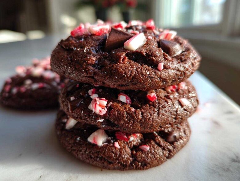 A stack of three rich, dark chocolate peppermint chocolate chip cookies topped with crushed candy canes.