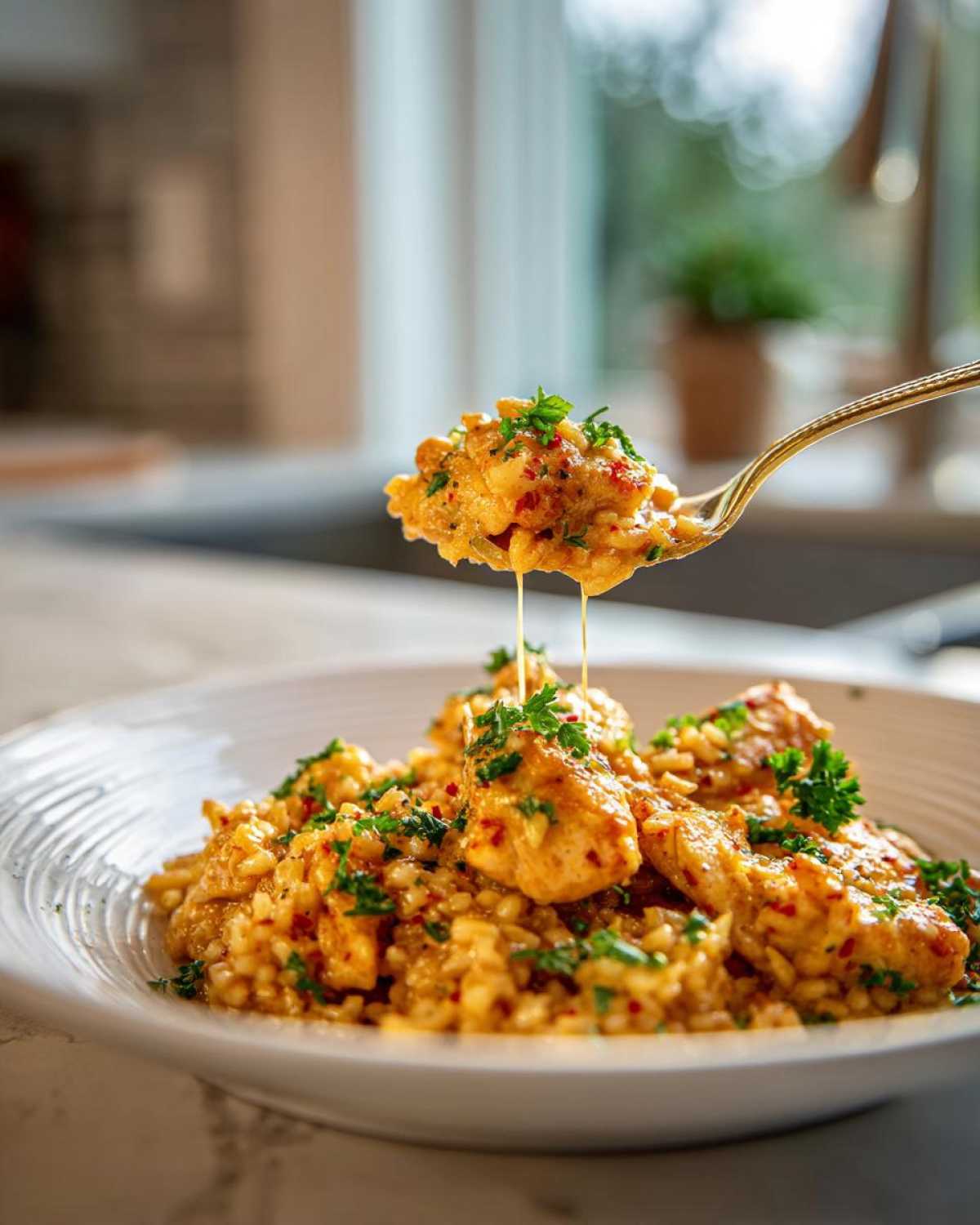 A spoonful of creamy chicken scampi with garlic parmesan rice being lifted from a white bowl, showing sauce dripping.