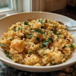 A white bowl filled with creamy chicken scampi with garlic parmesan rice, topped with fresh parsley and red pepper flakes.