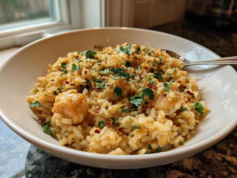 A white bowl filled with creamy chicken scampi with garlic parmesan rice, topped with fresh parsley and red pepper flakes.