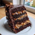 A tall, decadent slice of chocolate caramel toffee crunch cake layered with dark chocolate sponge and gooey caramel filling.