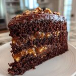 A decadent slice of chocolate caramel toffee crunch cake showing rich layers of dark cake and gooey caramel filling.
