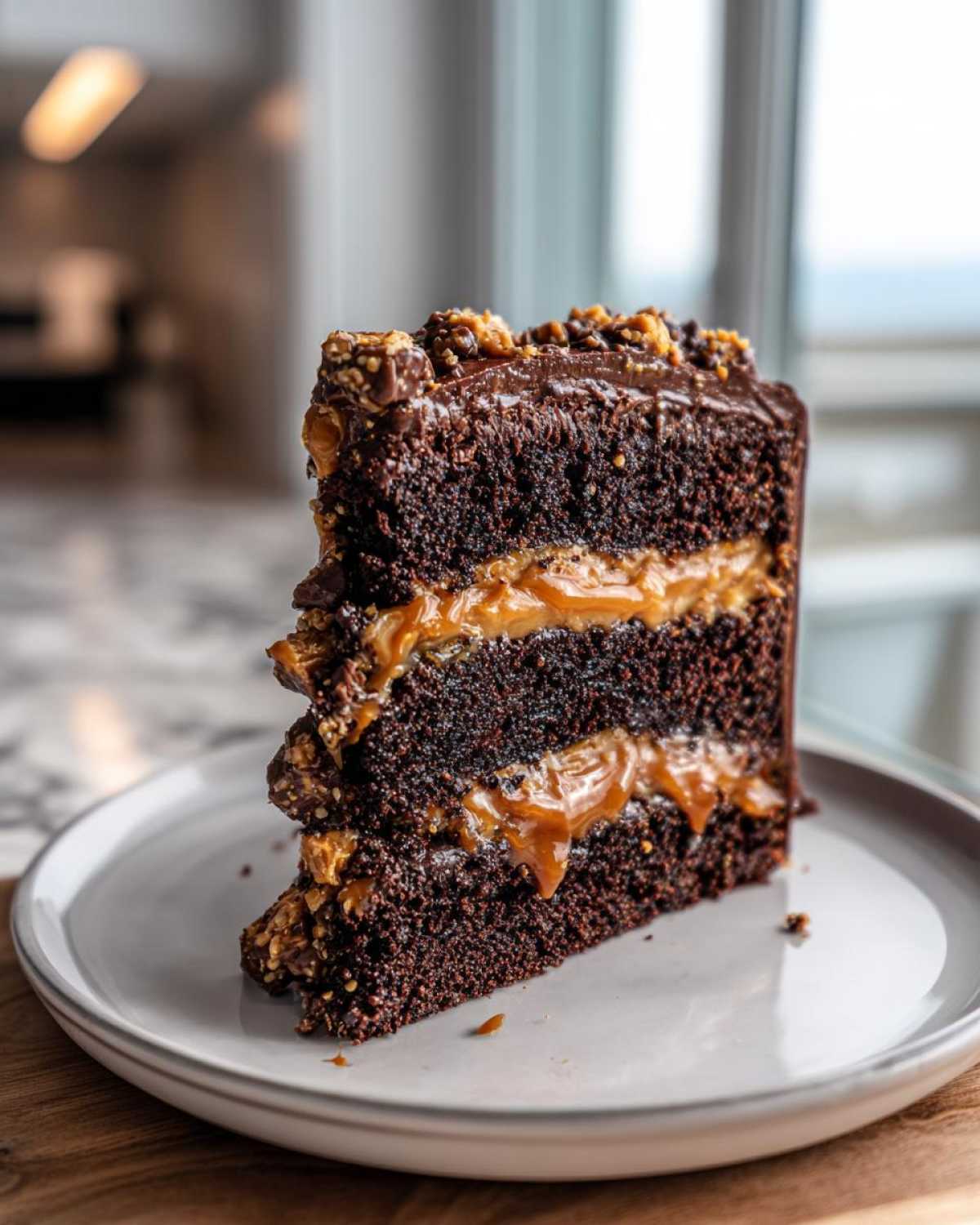 A tall slice of chocolate caramel toffee crunch cake showing three dark chocolate layers filled with gooey caramel.