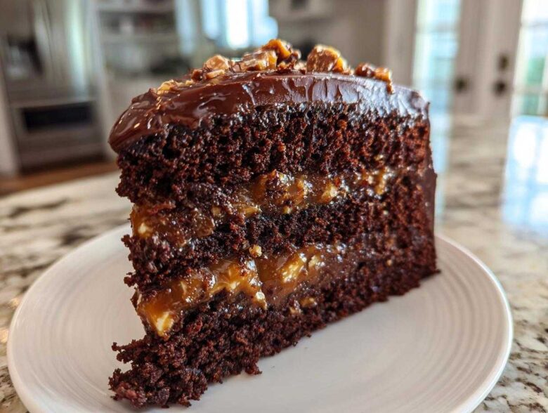 A decadent slice of chocolate caramel toffee crunch cake showing rich layers of dark cake and gooey caramel filling.
