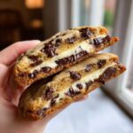 A hand holding a chocolate chip cheesecake cookie cut in half, showing the creamy cheesecake filling and melted chocolate chips.