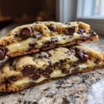 Two halves of a chocolate chip cheesecake cookie stacked, showing the gooey cheesecake filling inside.