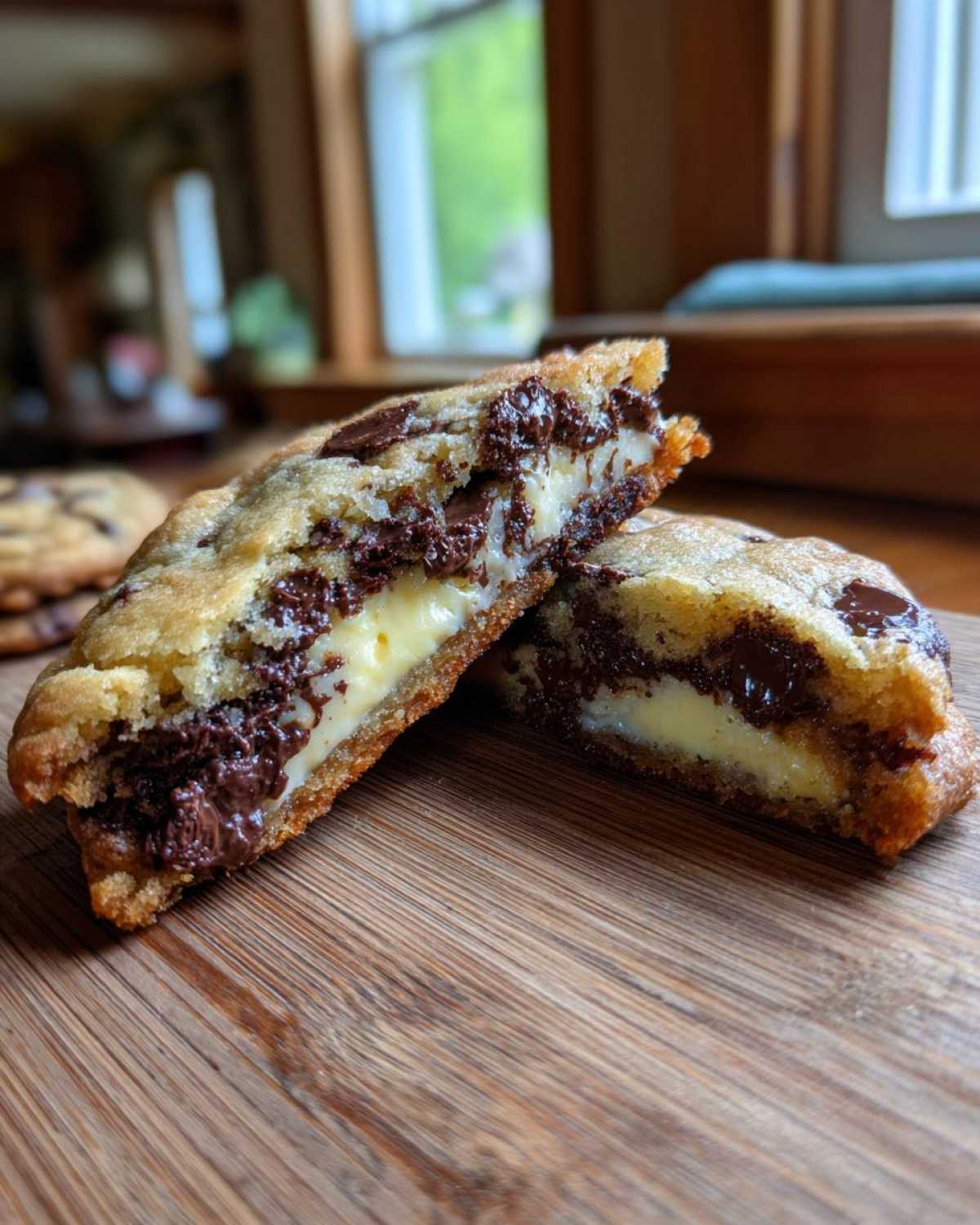 A chocolate chip cheesecake cookie cut in half showing the gooey chocolate and creamy cheesecake filling.