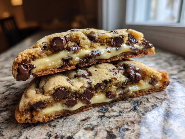 Two halves of a chocolate chip cheesecake cookie stacked, showing the gooey cheesecake filling inside.