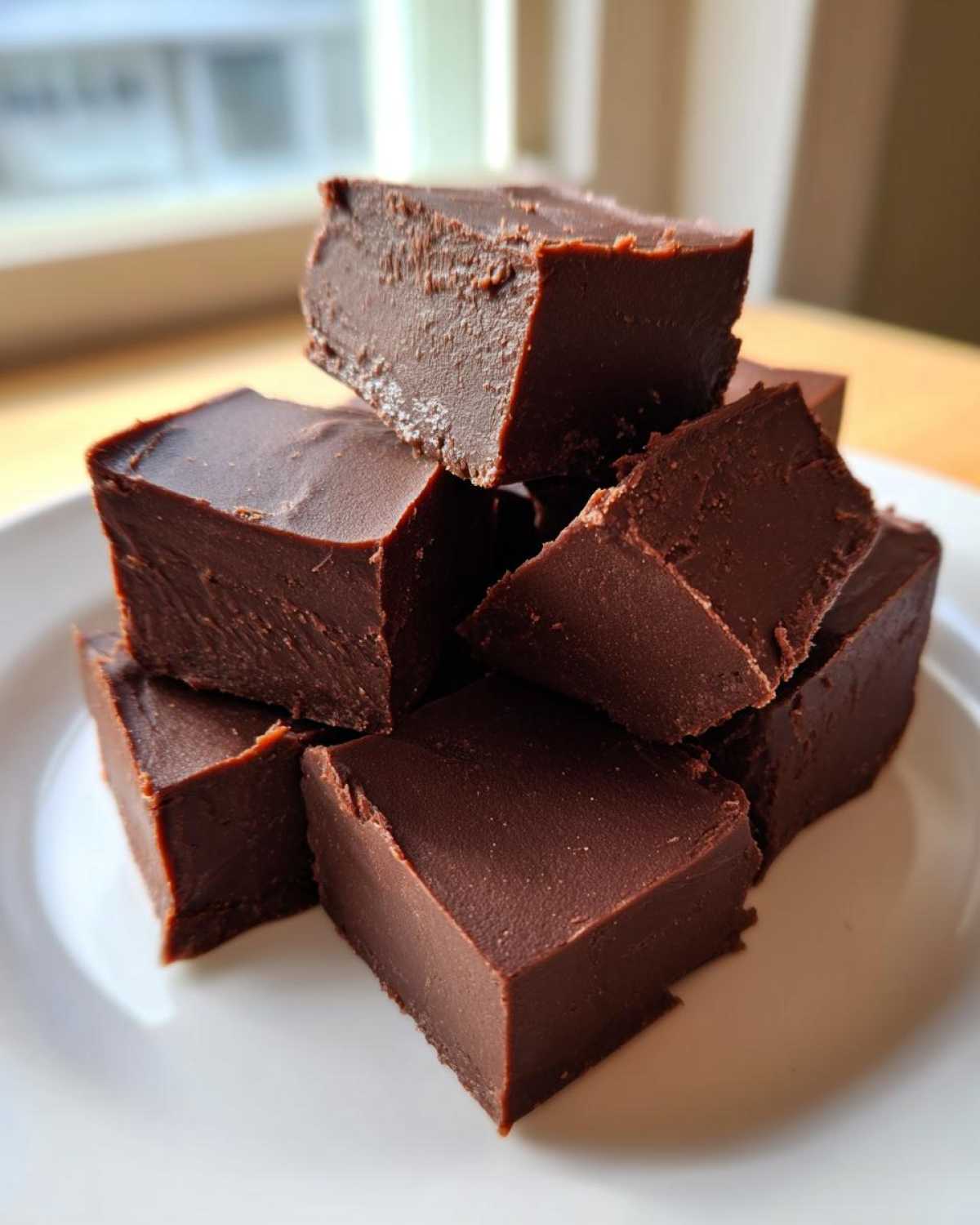 A stack of rich, dark chocolate fudge squares piled on a white plate, ready to eat.