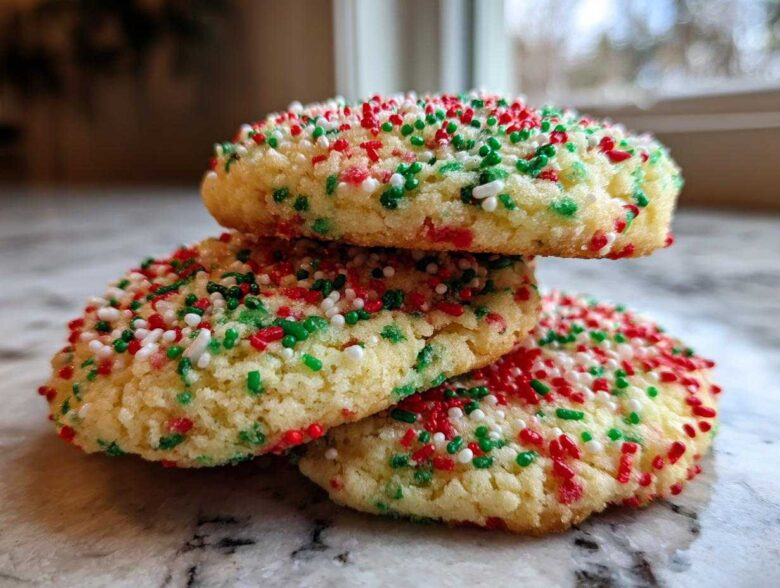 A stack of three soft, round christmas sprinkle sugar cookies topped with red, green, and white sprinkles.