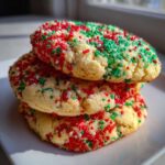Three soft, thick christmas sprinkle sugar cookies stacked on a white plate, covered in red, green, and white sprinkles.
