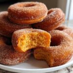 A stack of moist baked pumpkin donuts coated in cinnamon sugar, with one donut broken open showing the orange interior.