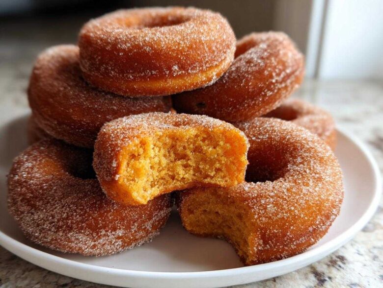 A stack of moist baked pumpkin donuts coated in cinnamon sugar, with one donut broken open showing the orange interior.