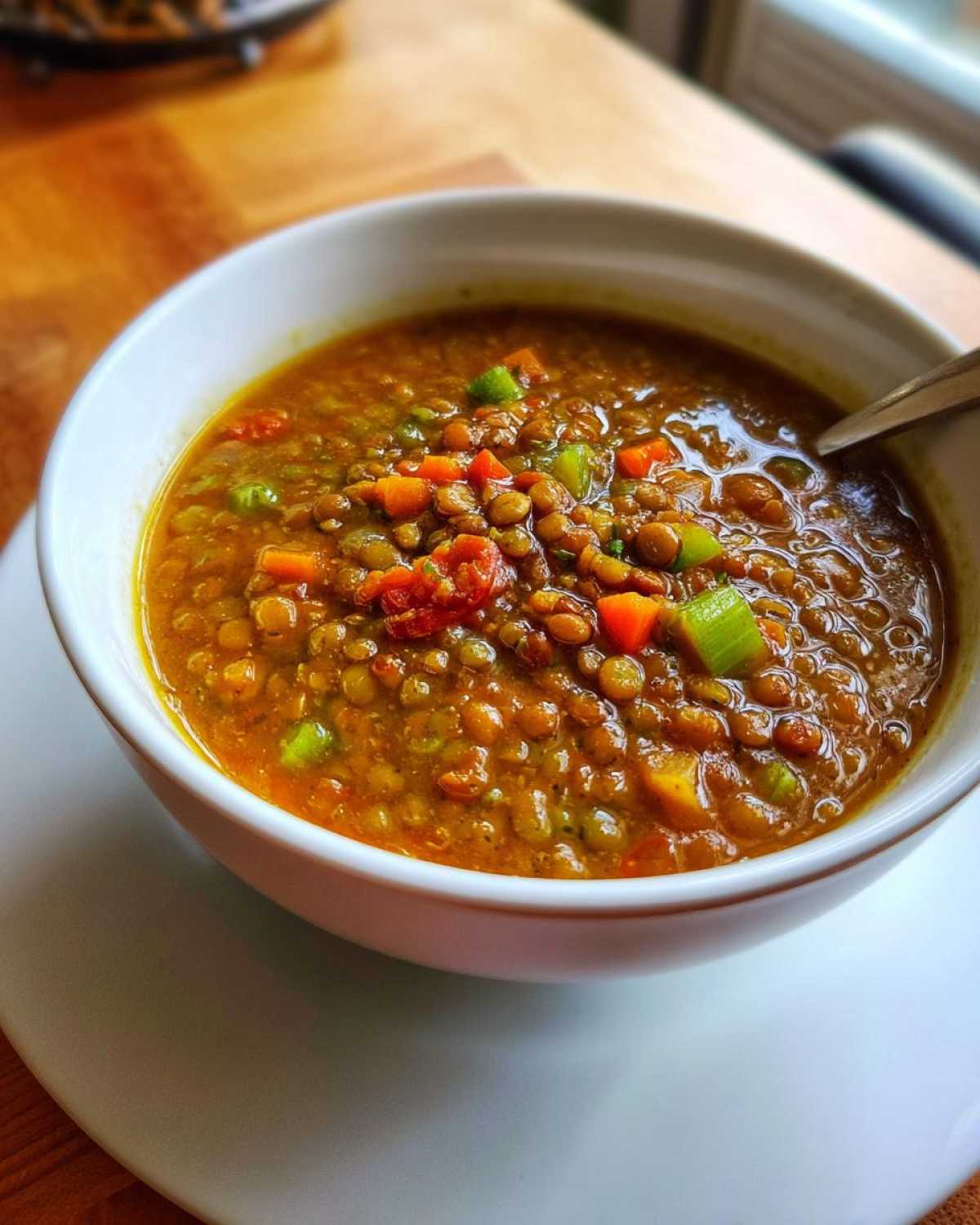 A close-up view of a hearty bowl of lentil soup, rich with whole lentils, diced carrots, and celery.