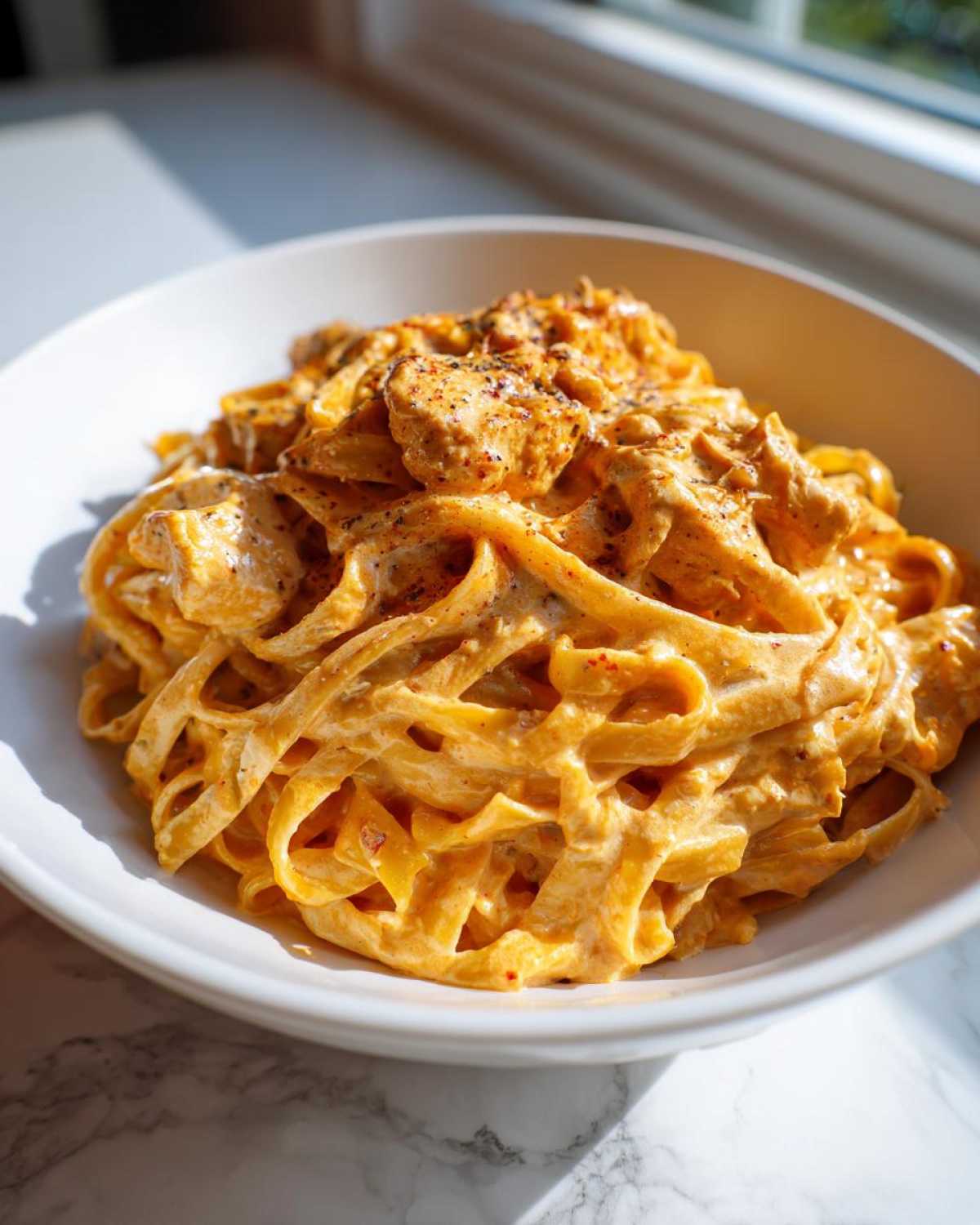 Close-up of fettuccine pasta coated in rich sauce with chunks of chicken, representing creamy cajun chicken pasta.