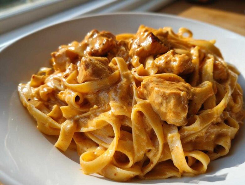 Close-up of fettuccine noodles coated in a rich, orange-hued creamy cajun chicken pasta sauce with chunks of seasoned chicken.