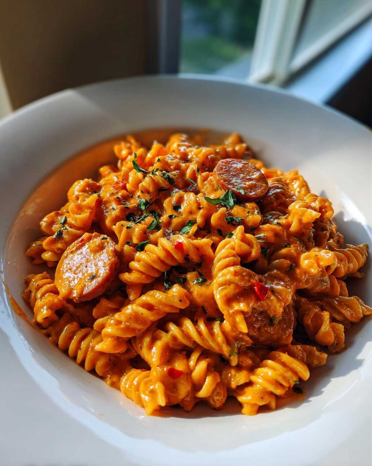 A close-up of creamy cajun sausage pasta featuring rotini noodles and sliced sausage, garnished with parsley.