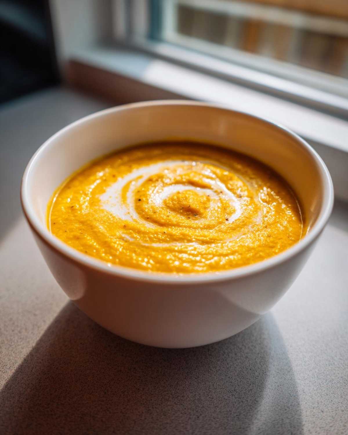 A close-up of a bowl of vibrant orange cauliflower soup, topped with a white cream swirl.