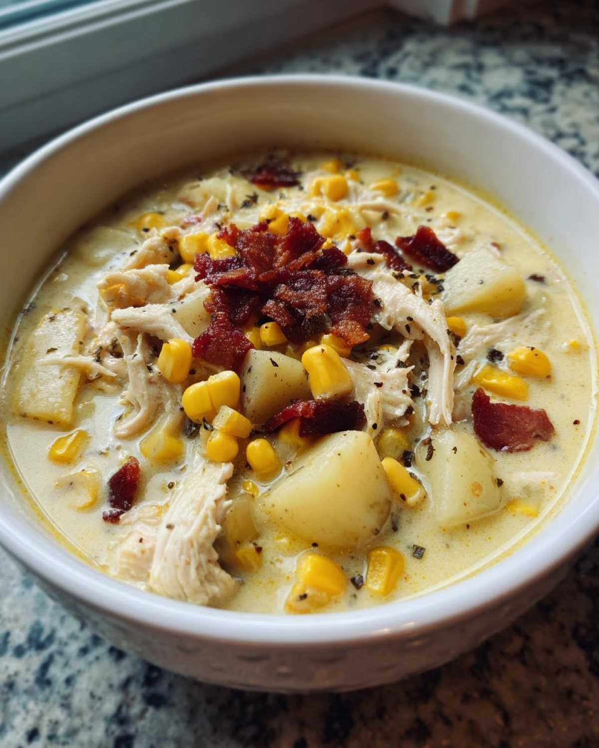 A close-up of a bowl of creamy chicken corn chowder topped with shredded chicken, corn, potatoes, and crispy bacon bits.