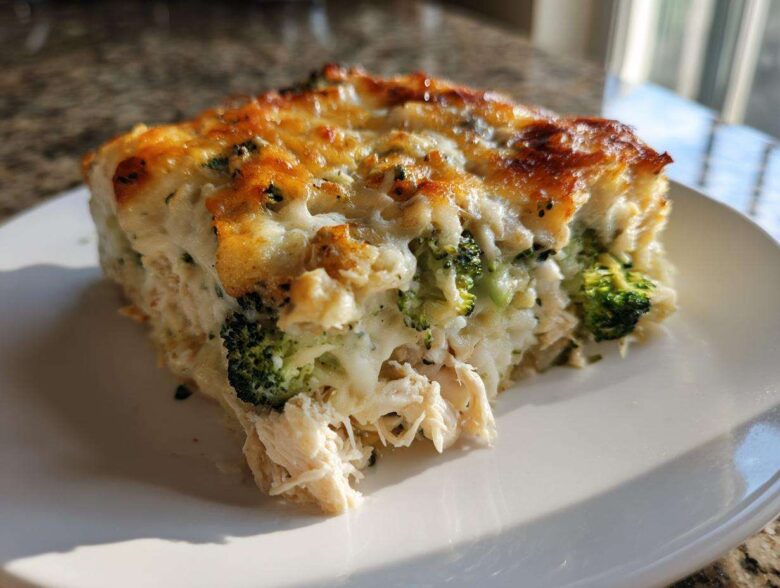 A generous slice of cheesy Chicken Divan casserole featuring shredded chicken and bright green broccoli florets.