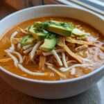 A close-up of a white bowl filled with creamy, orange-hued chicken tortilla soup, topped with avocado slices.