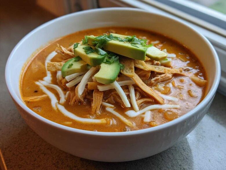 A close-up of a white bowl filled with creamy, orange-hued chicken tortilla soup, topped with avocado slices.